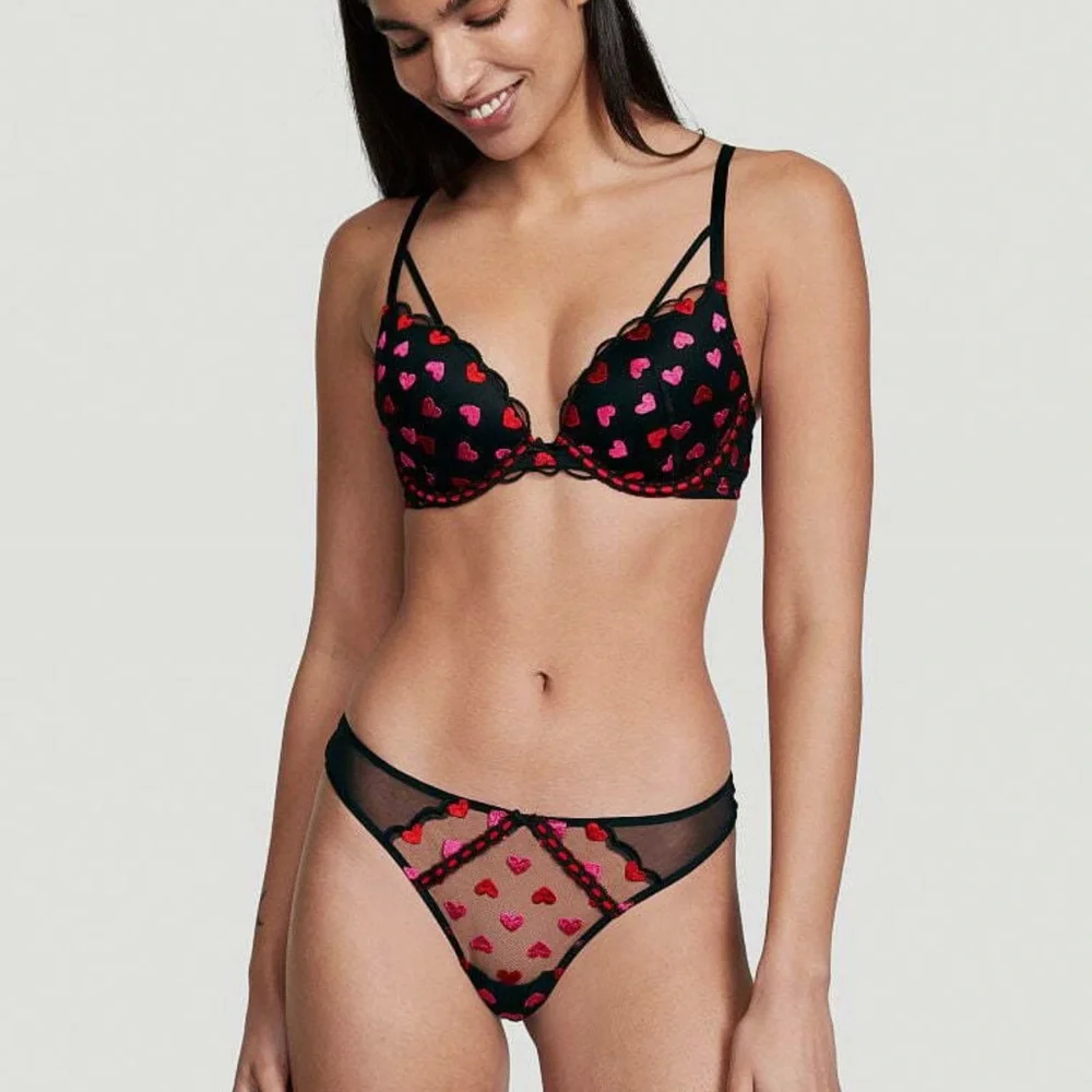 Victorias Secret black red pink embroidery heart print dream angels push-up bra - Picture 4 of 7